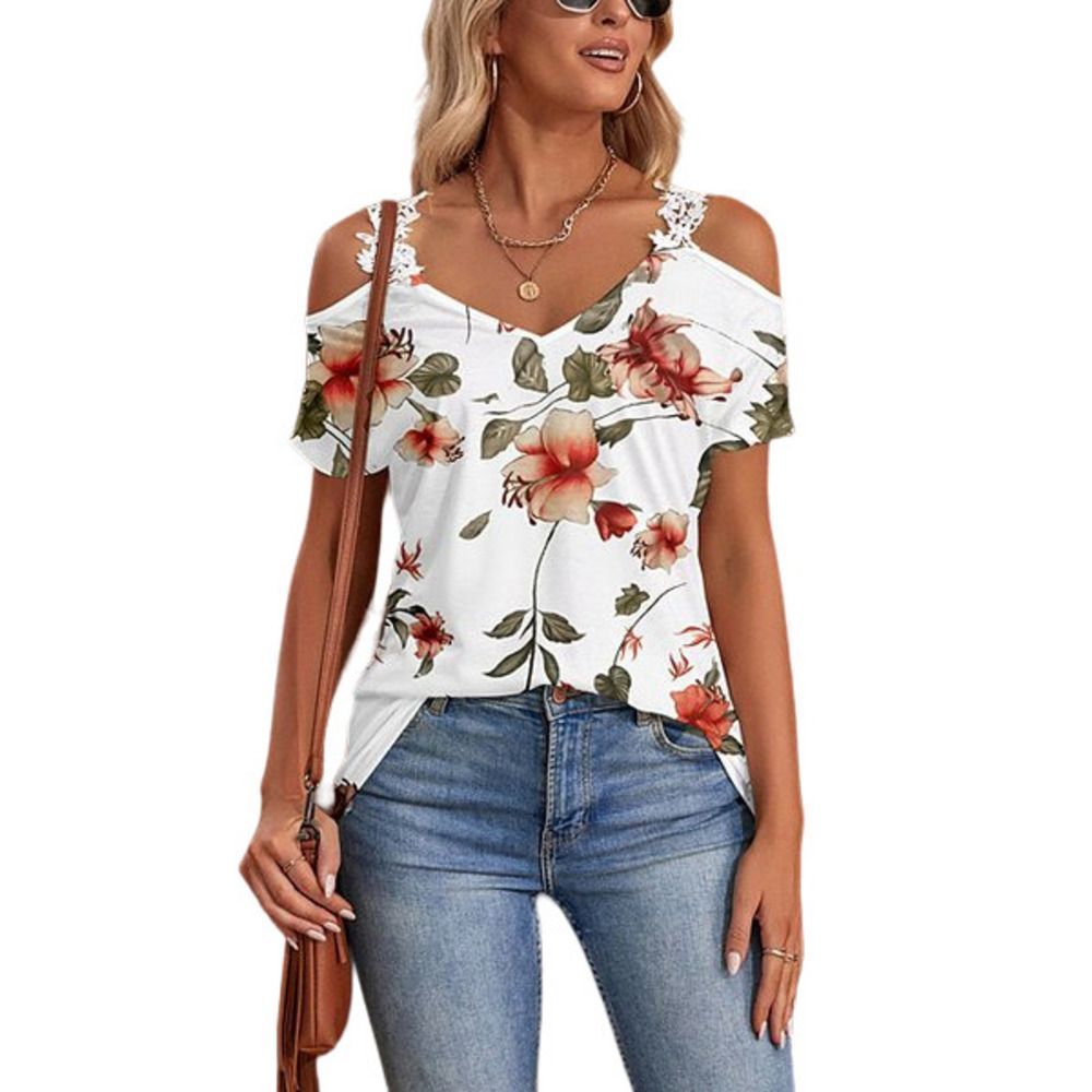 NXH White & Red Floral Lace-Detail Cutout Tee Size L